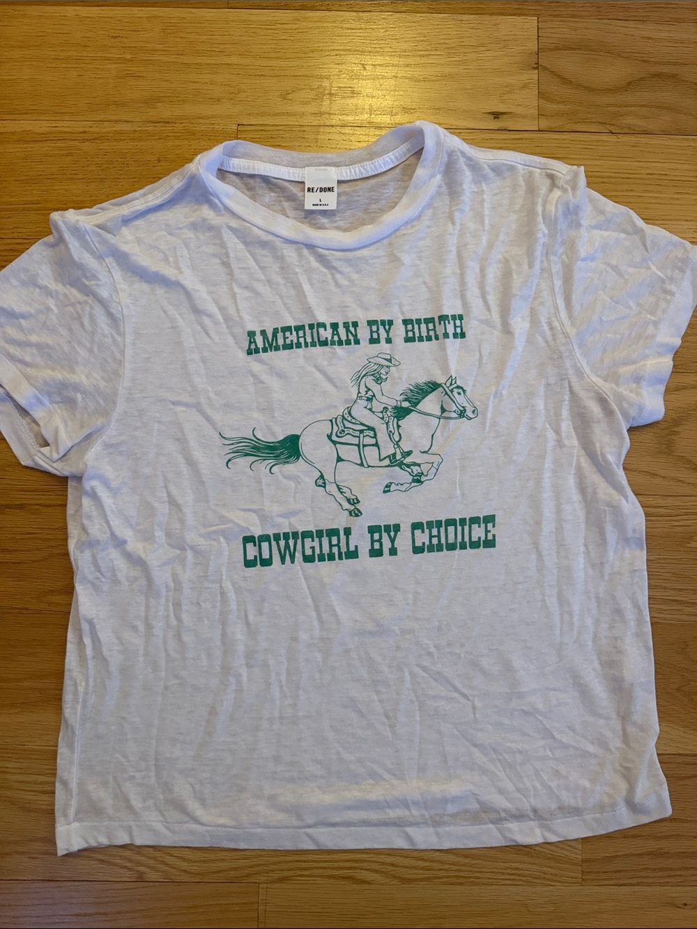 Re/Done White Graphic Tee with Green Rodeo Print
